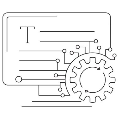 Yapay Zeka metin işleme simgesi metin satırları, teçhizatı ve dijital devreleri olan bir bilgisayar ekranını gösteriyor. Şeffaf arkaplan üzerinde ince siyah çizgileri olan vektör resim grafiği, düzenlenebilir çizgi kalınlığı