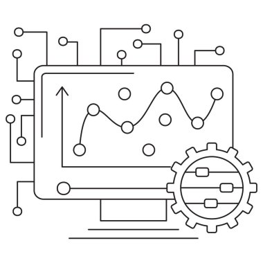 Yapay Zeka 'da grafikli eğri ve veri noktalarına sahip bir bilgisayar ekranı içeren bir model uyumu simgesi. Ayarlama sürgülü bir vites parametre ayarlarını temsil eder. Şeffaf arkaplan ve düzenlenebilir çizgi kalınlığında ince siyah çizgileri olan vektör resim grafiği