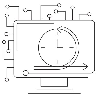 Yapay zekadaki yineleme simgesi, saat ve dairesel oklarla bir bilgisayar ekranı tasvir ederek, makine öğrenmesindeki tekrarlanan işlem veya eğitim döngülerini sembolize eder. Şeffaf arkaplanda ince siyah çizgileri olan bir vektör çizelgesi. Düzenlenebilir satır kalınlığı