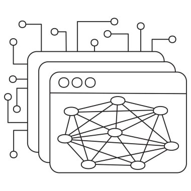 Yığılmış web tarayıcı pencereleri içinde yapay zeka ağı görselleştirmesi simgesi. Şeffaf bir arkaplan üzerinde ince siyah çizgiler, düzenlenebilir çizgi kalınlığı, temiz modern biçim ile vektör pictogram