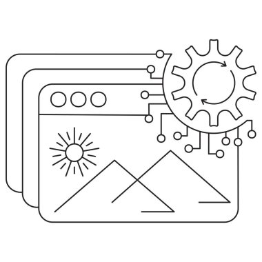 Yapay Zeka sisteminde görüntü işleme simgesi, ekranda manzara fotoğrafı ve vites sembolü. Şeffaf arkaplan üzerinde ince siyah çizgileri olan vektör resim grafiği, düzenlenebilir çizgi kalınlığı, temiz tasarım