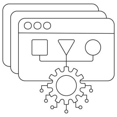 Ekranda akış şeması ve vites sembolü olan yapay zeka algoritması işleme simgesi. Şeffaf bir arkaplan üzerinde ince siyah çizgiler, düzenlenebilir çizgi kalınlığı, temiz modern tasarım