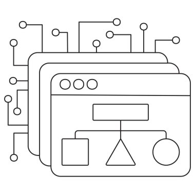Yapay Zeka hiyerarşik yapısının bir ağaç diyagramı ve devre gösteren katmanlı ekranları. Şeffaf arkaplan üzerinde ince siyah çizgiler ile vektör clipart, düzenlenebilir çizgi kalınlığı