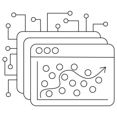 Veri noktaları grafiğinde yapay zeka gerileme analizi. Siyah çizgileri olan ince çizgi vektör piktogramı. Düzenlenebilir çizgi kalınlığı. Teknoloji ve makine öğrenme arayüzleri için temiz minimal tasarım