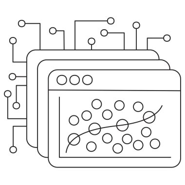 Dağılma grafiği ve eğilim eğrisi olan bir veri analiz penceresinin simgesi, regresyon modellemesini, makine öğrenmesini ve veri görselleştirmesini sembolize eder. İnce çizgili vektör dağılımı, düzenlenebilir çizgi kalınlığı