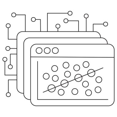 Yapay zeka doğrusal gerileme analizi, dağınık noktalar ve köşegen çizgiler gösteren katmanlı ekranlar. Şeffaf arkaplan üzerinde ince siyah çizgiler ile vektör clipart, düzenlenebilir çizgi kalınlığı