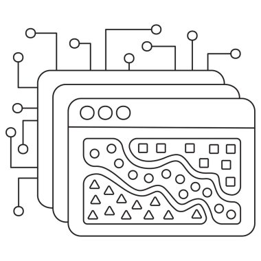Yapay zeka veri kümelenmesi şekilleri ve dalgalı çizgileri gösteren katmanlı ekranlarla. Şeffaf arkaplan üzerinde ince siyah çizgiler ile vektör clipart, düzenlenebilir çizgi kalınlığı