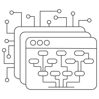 Katmanlı ekranları ve dallanma diyagramı olan yapay zeka karar ağacı simgesi. Şeffaf arkaplan üzerinde ince siyah çizgiler ile vektör clipart, düzenlenebilir çizgi kalınlığı