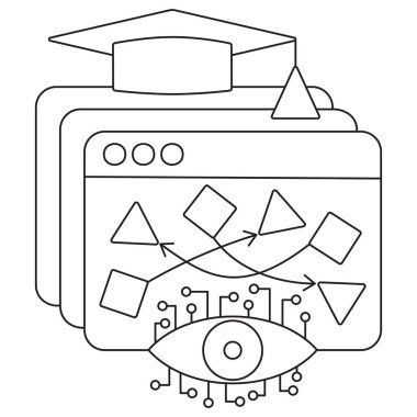 Yapay Zeka 'da denetimli öğrenmenin simgesi, kategorize şekilli ekranlar, yön okları ve model eğitimi simgeleyen bir mezuniyet şapkası. Şeffaf bir arkaplan üzerinde ince siyah çizgileri olan vektör klipleri. Düzenlenebilir satır kalınlığı