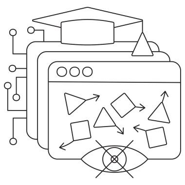 Yapay zeka ikonu denetimsiz öğrenme katmanlı ekranlar şekilleri, haçlı bir göz ve devreleri gösteriyor. Şeffaf arkaplan üzerinde ince siyah çizgiler ile vektör clipart, düzenlenebilir çizgi kalınlığı