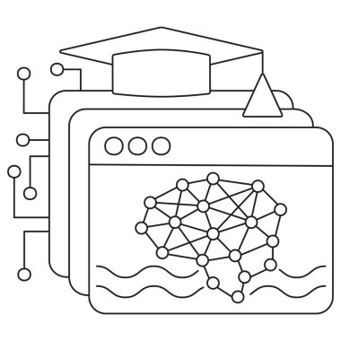 Katmanlı ekranlar, beyin ağı, dalgalı çizgiler ve yapay zeka eğitimini sembolize eden akademik başlık ile derin öğrenmenin simgesi. Şeffaf, düzenlenebilir çizgi kalınlığında ince siyah çizgileri olan vektör resim grafiği