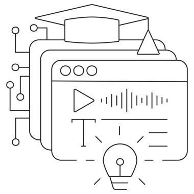 Katmanlı ekranlı metin temelli öğrenme simgesi, metin sembolü, ses dalgası, çalma tuşu ve fikirler için ampul. Şeffaf arkaplanda ince siyah çizgileri olan bir vektör çizelgesi. Düzenlenebilir satır kalınlığı