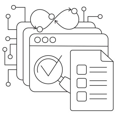 İş akışı döngüsü, büyüteç, kontrol işareti ve kontrol listesi dokümanına sahip yapay zeka modeli değerlendirme simgesi. Şeffaf arkaplan üzerinde ince siyah çizgileri olan vektör resim grafiği, düzenlenebilir çizgi kalınlığı
