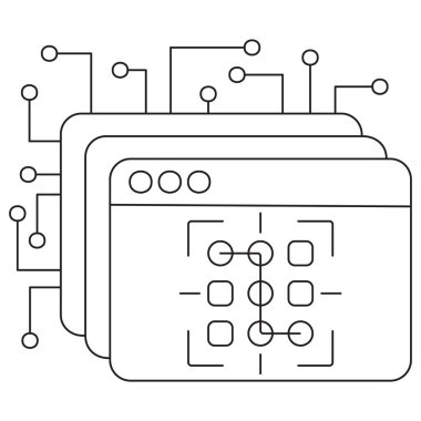 Sinirsel desen tanımlama simgesi. Şeffaf arkaplanda ince siyah çizgileri olan vektör resim grafiği. Düzenlenebilir inme kalınlığı. Yapay zeka, veri tanıma ve akıllı teknoloji projeleri için ideal