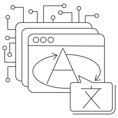 Yapay zeka çeviri simgesi. Şeffaf arkaplanda ince siyah çizgileri olan vektör resim grafiği. Düzenlenebilir inme kalınlığı. Çeviri sistemleri, çok dilli uygulamalar ve yapay zeka araçları için mükemmel