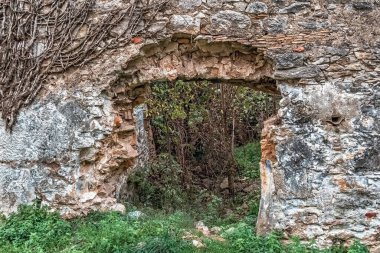 Montjuic Hill, Girona, İspanya 'daki antik harabelerin taş kemerli girişi. Doğa, yabani yeşilliğin ötesindeki manzarayı çerçeveleyen yıpranmış taş işçiliğinde büyüyen bitki örtüsüyle ortaçağ yapısını geri istiyor.