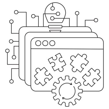 Al Mantık Mankenleri simgesi. Şeffaf arkaplanda ince siyah çizgileri olan vektör resim grafiği. Düzenlenebilir vuruş genişliği. Sistem yapısı, mantık modelleri ve bütünleşme süreci kavramı