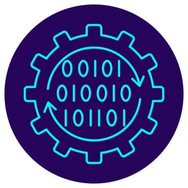 İçinde ikili kod ve oklar olan bir dişli simgesi. Yuvarlak koyu mavi zemin üzerinde ince çizgileri olan vektör piktogramı, siber teknolojiyi, programlama kavramını, yazılım gelişimini vs. simgeliyor