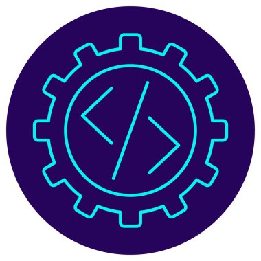 İçinde kod sembolü olan bir dişli simgesi. Lacivert dairesel arka planda ince çizgileri olan vektör resim. Programlamayı, yazılım geliştirmeyi ve sistem yapılandırmasını simgeler