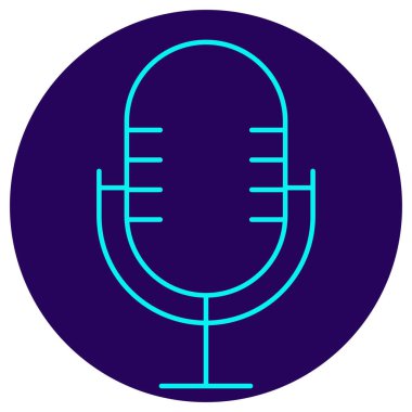 Mikrofon simgesi. Yuvarlak mavi arka planda ince çizgileri olan vektör çizimi. Ses kaydı, ses kontrolü, podcastlar ve dijital iletişim kavramları için minimalist pictogram
