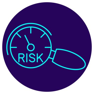 Risk değerlendirme ikonu. Koyu mavi dairesel arka planda ince çizgileri olan vektör simgesi. Analiz, güvenlik ve karar verme mekanizması için risk ölçer üzerinde bir büyüteç minimalist pictogram
