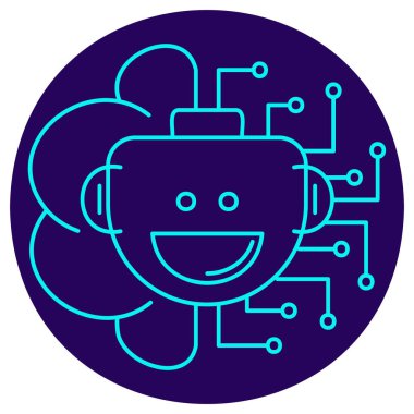 Yapay zeka ikonu. Lacivert dairesel arka planda ince çizgileri olan vektör resim. Gülümseyen robot yüzü sinirsel bağlantılarla birleşince yapay zekayı, sohbet robotunu ve dijital asistanı sembolize ediyor.