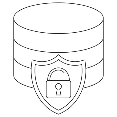 Veri Güvenlik simgesi. Şeffaf arkaplanda ince siyah çizgileri olan vektör resim grafiği. Felç kalınlığı düzenlenebilir. Simge, güvenli veri depolama için kalkanı ve asma kilidi olan bir veritabanı gösterir