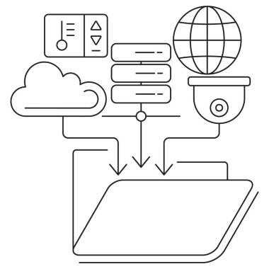 Veri Toplama simgesi. Şeffaf arkaplanda ince siyah çizgileri olan vektör resim grafiği. Hat kalınlığı düzenlenebilir. Bulutu, küreyi, sunucuyu, kamerayı, kontrol panelini ve dizini gösterir
