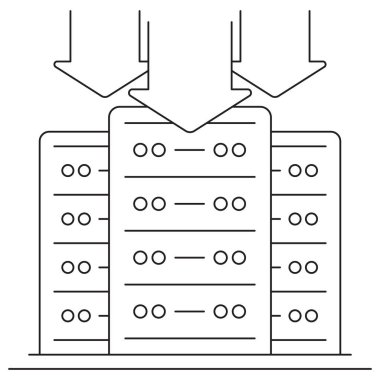 Veri Depolama Sunucusu simgesi. Şeffaf arkaplanda ince siyah çizgileri olan vektör resim grafiği. Hat kalınlığı düzenlenebilir. Bir sunucu rafını gösteren üç ok veri akışını depoya sembolize eder