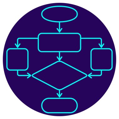 Akış şeması şeması simgesi. Lacivert dairesel arka planda ince çizgileri olan vektör resim. Çalışma akışını, karar ağacını, işlem diyagramını veya algoritmik yapıyı temsil eder