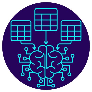 Yapay zeka simgesi için veri girişi. Lacivert dairesel arka planda ince çizgileri olan vektör resim. Yapılandırılmış veri tablolarının beyine akışını, makine öğrenmesini ve veri güdümlü yapay zeka işlemesini simgeler