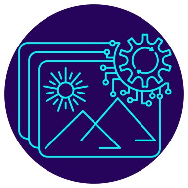 Yapay zeka resim işleme simgesi. Yuvarlak mavi arkaplan üzerinde ince çizgiler olan vektör resimtogram. Yapay zeka resim analizi ve otomasyonu temsil eden fotoğraf çerçevelerini, dişlileri ve devre modellerini gösterir