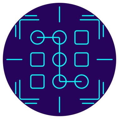 Nesne algılama simgesi. Resim tanımlama simgesi. Koyu mavi dairesel arkaplan üzerinde ince mavi çizgileri olan vektör resim grafiği, şekiller ve odak işaretleriyle ızgarayı gösterir