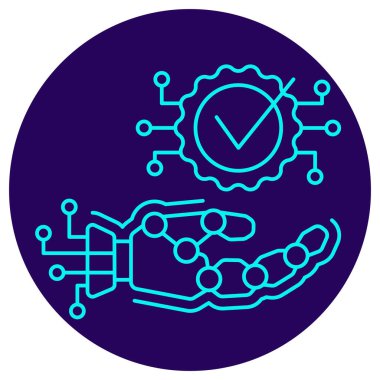 Yapay zeka doğrulama simgesi. Makine öğrenme onay simgesi. Koyu mavi yuvarlak bir zemin üzerinde ince mavi çizgileri olan vektör piktogramı, bir robotik el ve bir teknolojik teçhizat içinde bir kontrol işareti gösteriyor