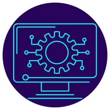 AI yazılım simgesi. Koyu mavi dairesel arka planda ince mavi çizgileri olan vektör piktogramı, yapay zeka yazılımını sembolize eden bilgisayar monitörü, vites ve dijital konnektörler içerir.