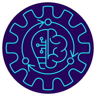 Yapay zeka yenilik vektör simgesi. Beyin, ampul ve teçhizatı dairesel oklarla birleştirir. Koyu dairesel arka planda mavi ince çizgi tarzı. Yapay zekayı, akıllı fikirleri, makine öğrenme sürecini ve akıllı otomasyonu temsil eder.