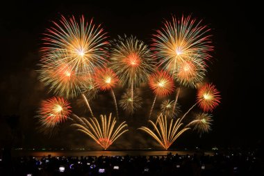 Pattaya Sahili Tayland 'da kara gökyüzü arka planında izole edilmiş renkli havai fişekler..