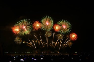 Gece yarısı gökyüzü arka planıyla denizden renkli havai fişek kutlamaları.