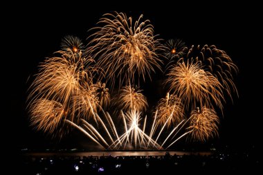 Gece yarısı gökyüzü arka planıyla denizden renkli havai fişek kutlamaları.