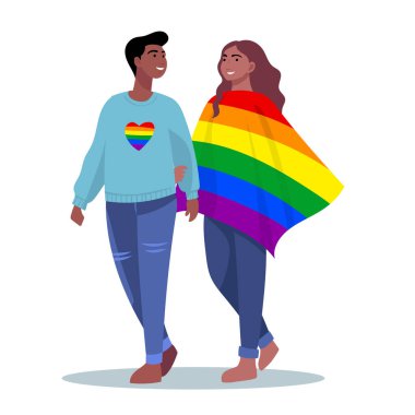 LGBT çiftleri, farklı homoseksüel çiftler, birbirine aşık mutlu çift. Uluslararası LGBT, Gurur Günü, gökkuşağı bayrağı, renkli düz vektör karikatür çizimi, beyaz arkaplanda izole.