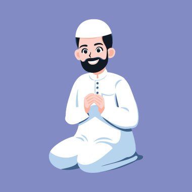 Müslüman adam dua ediyor. Cemaatteki dualar. Müslüman adam beyaz giysiler içinde, karikatür düz vektör çizimi içinde dua ediyor..