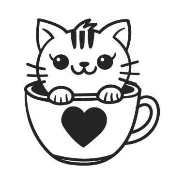 Cute cat in tea coffee cup. Cute, funny animal pet character for Valentines day concept. Linear vector black and white illustration