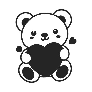 A cute  kawaii bear is sitting and hugging a heart. line art style vector illustration