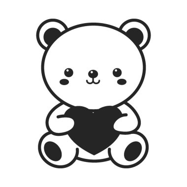 A cute  kawaii bear is sitting and hugging a heart. line art style vector illustration