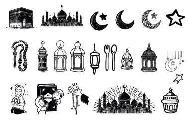 Ramazan ve Kurban Bayramı el yapımı vektör çizimleri ayarlandı. Müslüman bayramının sembolleri - fanatik, tespih, dekoratif, yiyecek ve içecekler, dua paspası. Taslak vektör illüstrasyonu