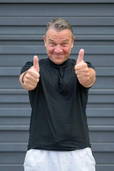 Three Quarter Length Portrait Senior Man Showing Double Thumbs Looking — Stock Photo, Image