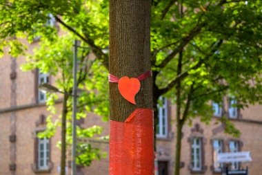 Ağaçları kurtarmak için kırmızı bir kalbi ve kırmızı kurdelesi olan bir ağaç.