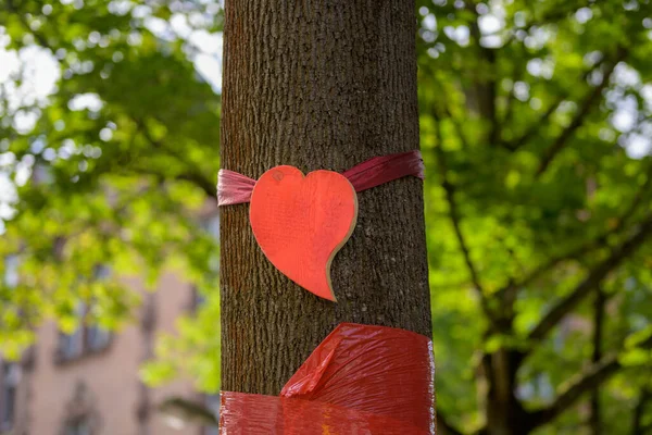 Close Tree City Red Heart Red Ribbon Sign Trees — Stock Photo, Image