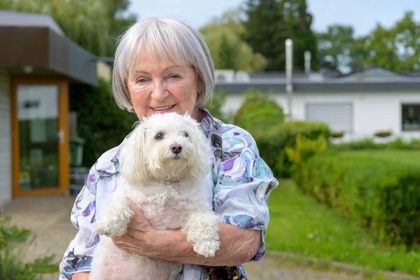 Portrait Grandmother Lady Her Eighties Lovingly Holds Her Dog Her — Stock Photo, Image