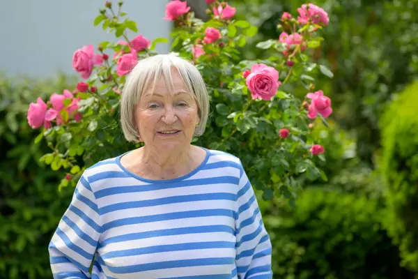 Mavi ve beyaz çizgili tişörtlü gülümseyen son sınıf öğrencisi. Çiçek açan pembe güllerin ve yemyeşil bahçe yapraklarının önünde duruyor..